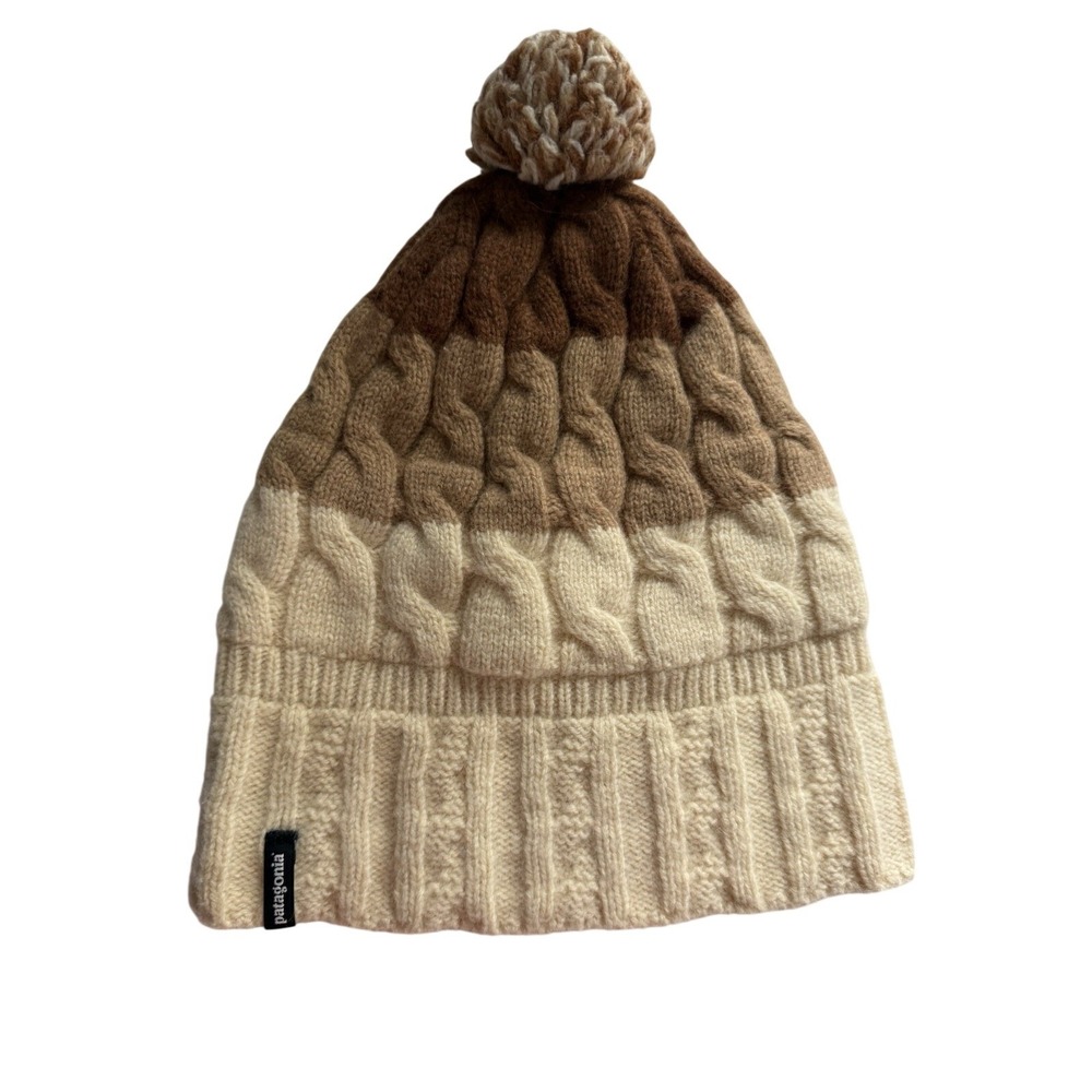 Patagonia Beanie Hat Womens Brown Knit Pom Winter Cable Cuffed Cold Weather Warm